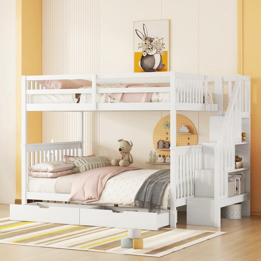 Sweiko 140*200cm Kinderbed Stapelbed met opbergtrapframe met 2 laden hoge reling EN747-1 Certificering Wit