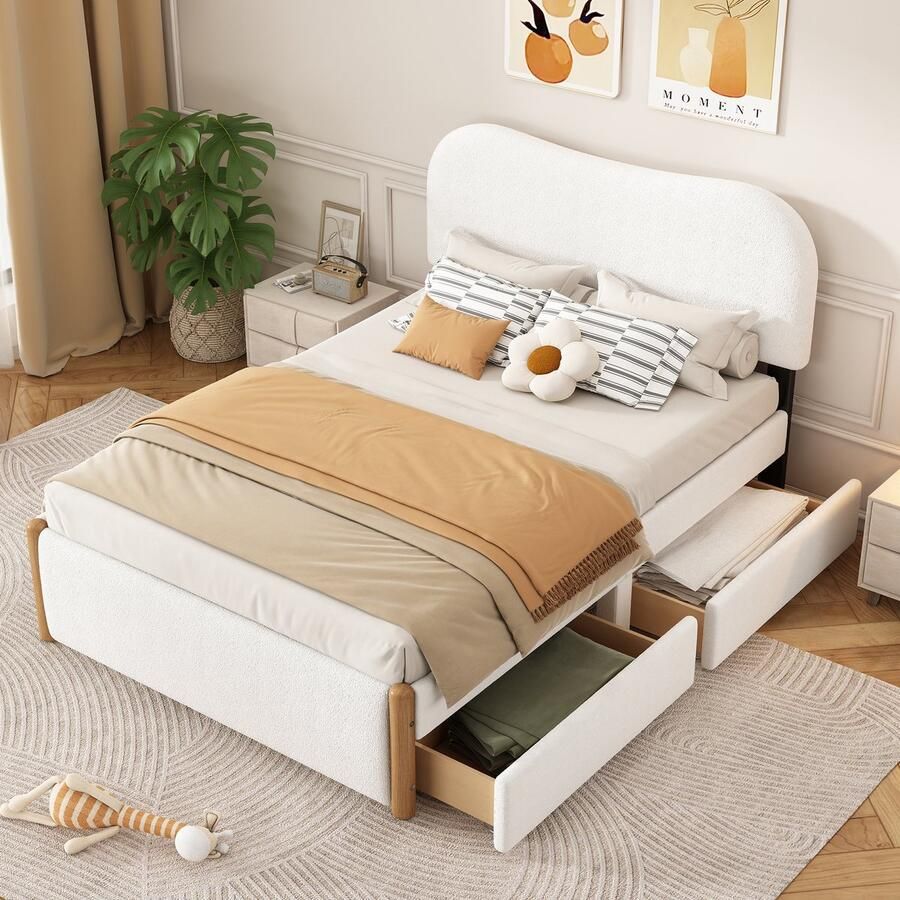 Sweiko 140*200cm Plat bed Gestoffeerd bed Kinderbed Wit hoofdeinde 2-laden links of rechts te monteren Minimalistische stijl Wit