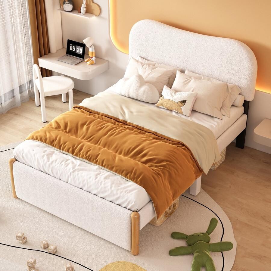 Sweiko 140*200cm Plat bed Gestoffeerd bed Kinderbed Wit hoofdeinde Minimalistische styling Wit