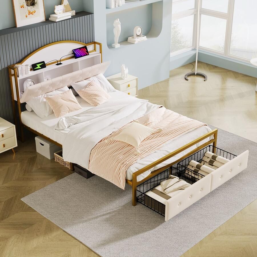 Sweiko 140*200cm Plat bed Tweepersoonsbed met Ijzeren frame Ingebouwd Opbergvak in het hoofdeinde USB-aansluiting 2-laden aan het uiteinde van het bed Goud