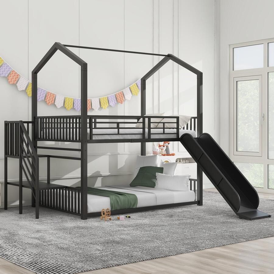 Sweiko 140*200cm Stapelbed Kinderbed Ijzeren frame bed met Glijdende trap Huis modellering Stabiel en betrouwbaar Zwart