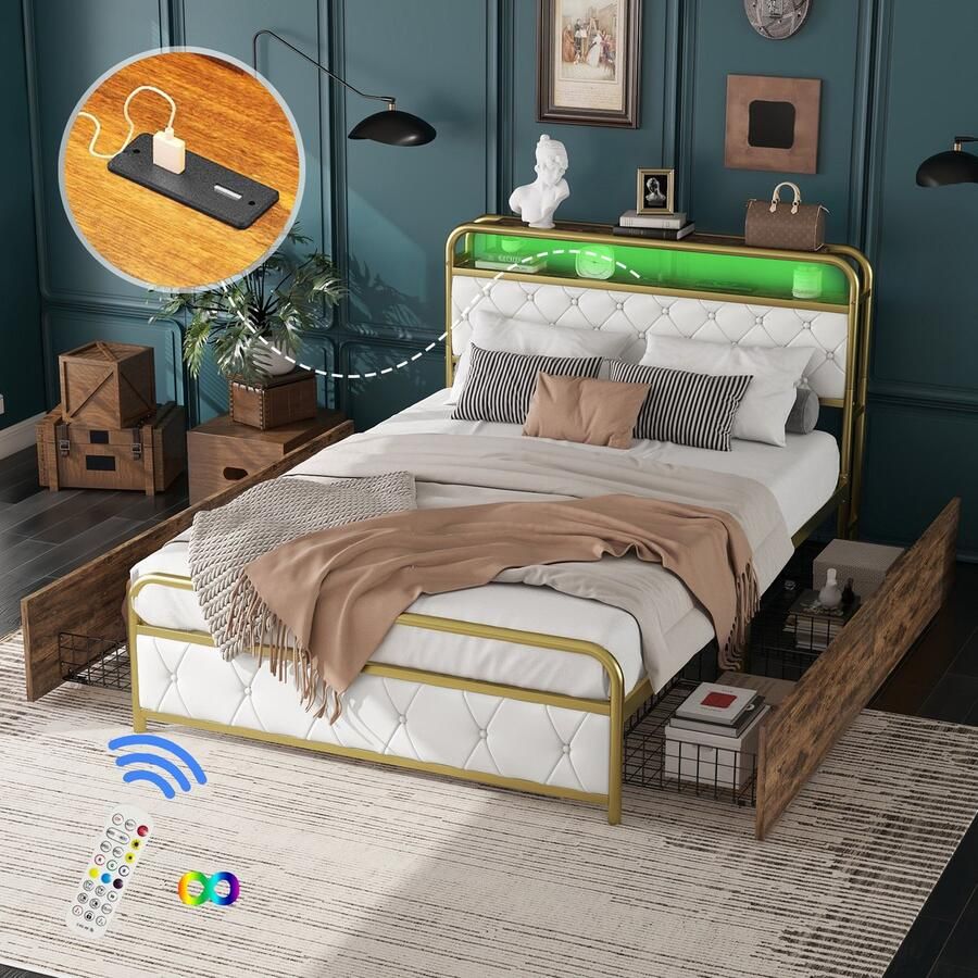 Sweiko 140*200cm Tweepersoonsbed Bed met Ijzeren frame Bedlampje Uitgerust met USB-aansluiting met draadladen Hoofdbord en voeteneind met ruitvormige treklipjes Goud+Wit