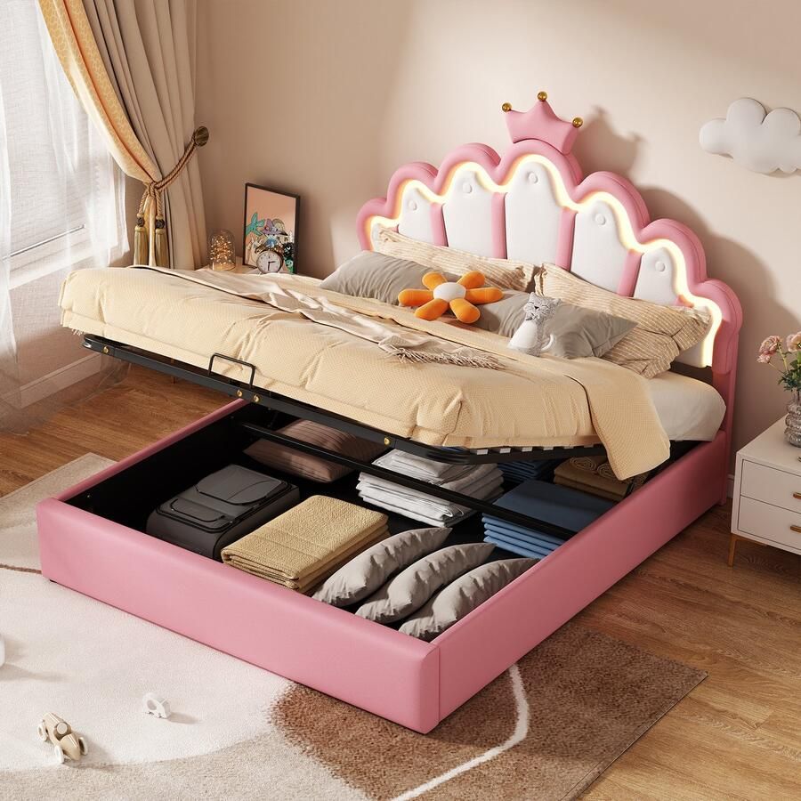 Sweiko 140*200cm Tweepersoonsbed Kinderbed Lief meisjesbed Gestoffeerd bed Prinsessenbed Regelbare sfeerverlichting Grote opbergruimte Roze