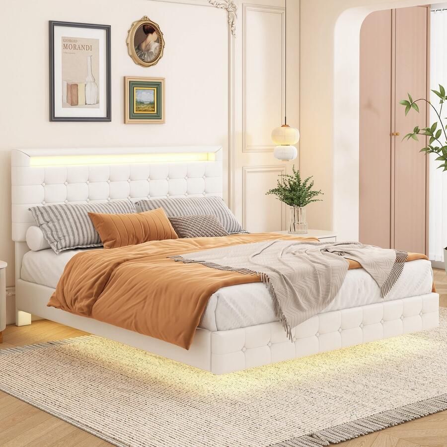 Sweiko 140*200cm Tweepersoonsbed LED omgevingslicht 24-Knopafstandsbediening Drijvende ontwerpstijl PU Materiaal 3-traps hoofdeinde hoogteverstelling Wit