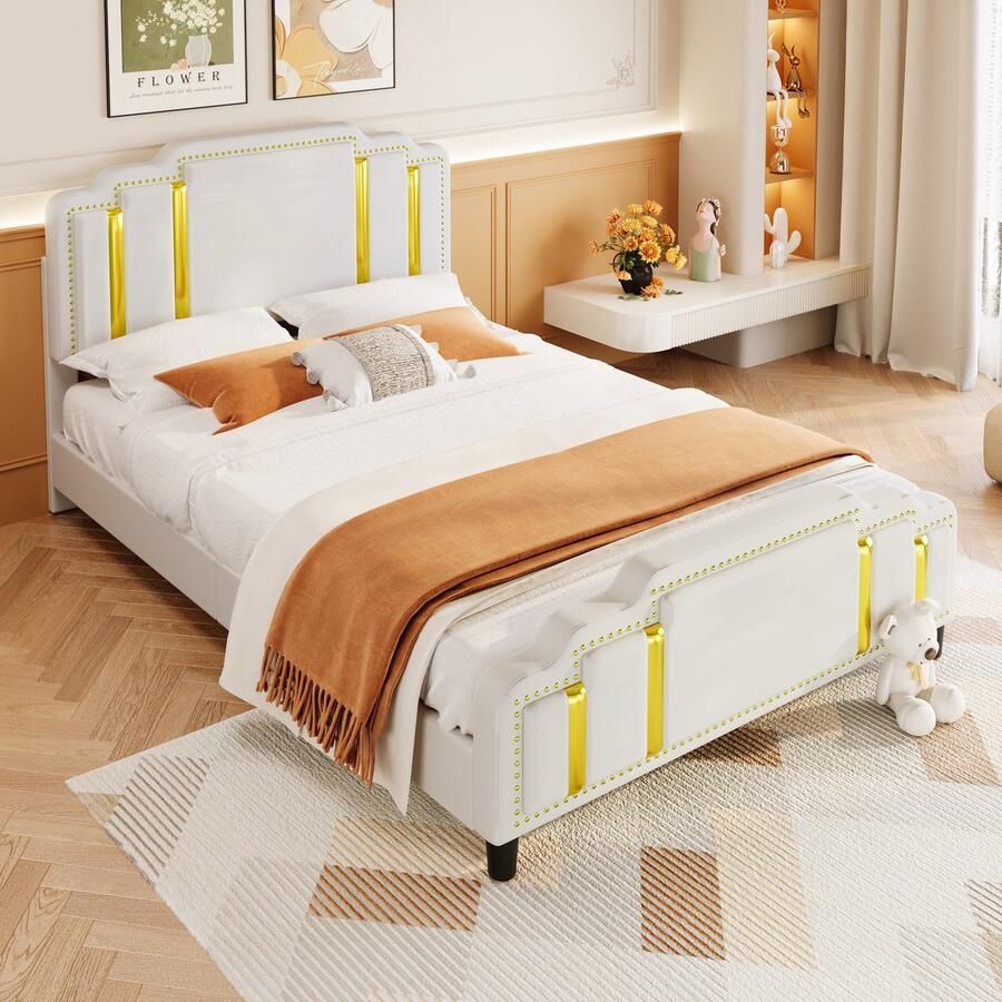 Sweiko 140*200cm Tweepersoonsbed Plat bed Gestoffeerd bed Gouden strepen Lichte luxe stijl Minimalistische styling Beige