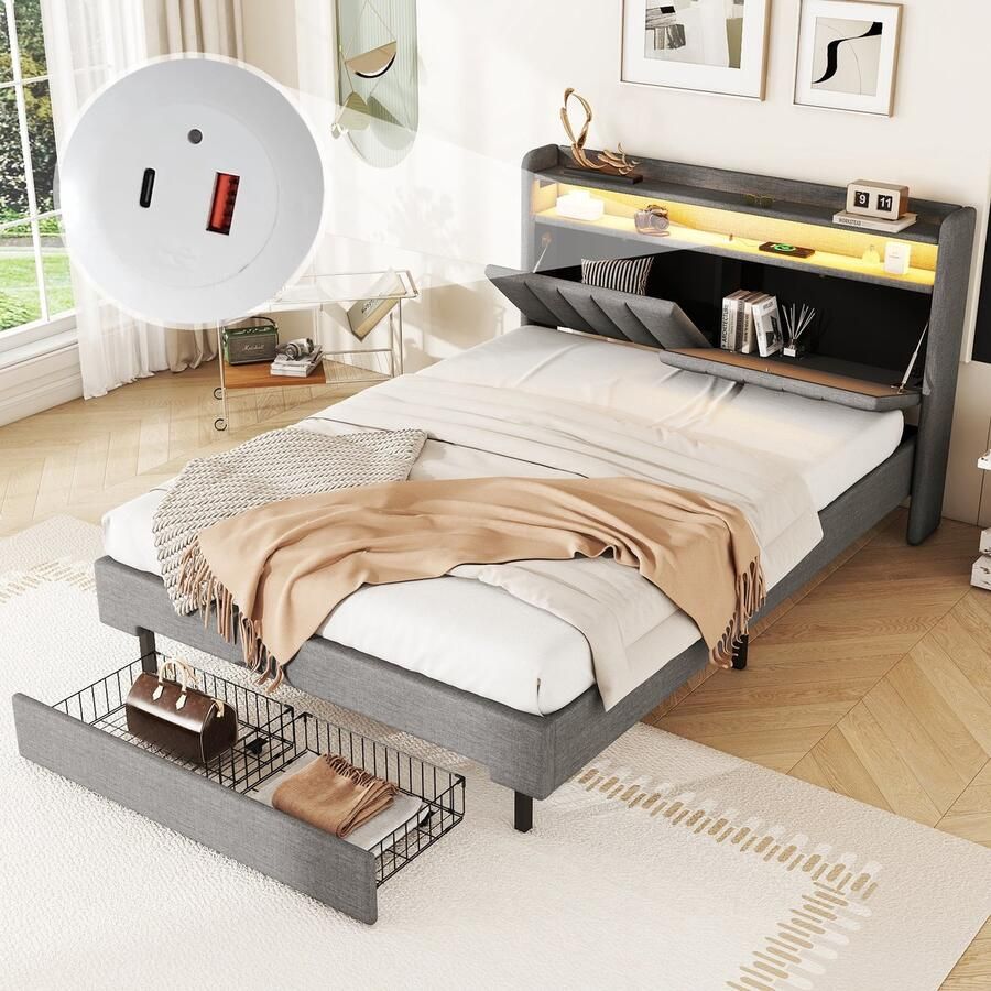 Sweiko 140*200cm Tweepersoonsbed Plat bed Gestoffeerd bed LED-verlichting USB-aansluiting Scharnierend hoofdeinde Ingebouwd opbergvak Bedlades Grijs