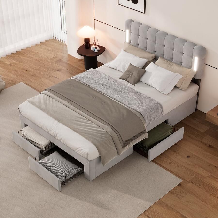Sweiko 140*200cm Tweepersoonsbed Plat bed Gestoffeerd bed Verlichting aan beide zijden van het bed 4 laden aan het einde van het bed Grote opbergruimte Grijs