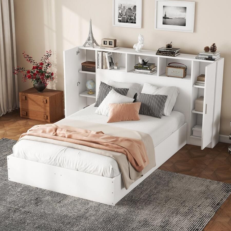 Sweiko 140*200cm Tweepersoonsbed Plat bed met Hoofdeinde en Verschillende Opbergvakken Eenvoudige vorm en Robuuste constructie Wit