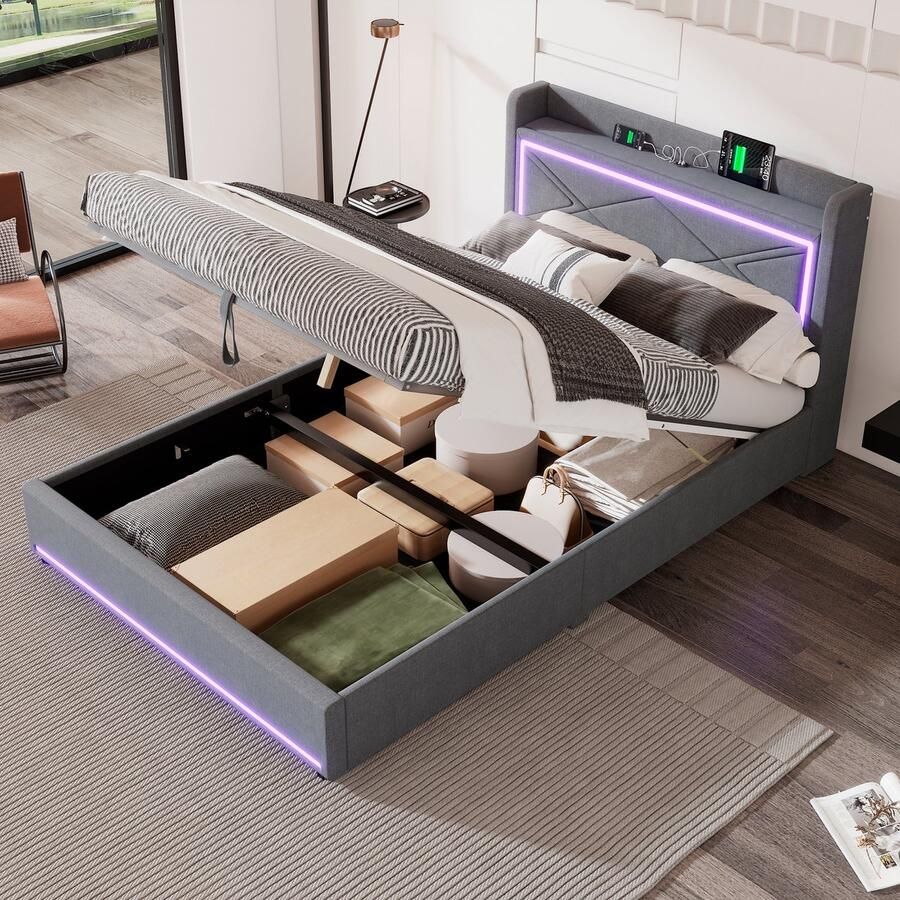 Sweiko 140*200cm Tweepersoonsbed Sfeervol licht aan het einde van het bed verstelbare app Bed kan omhoog en omlaag USB-poort aan het hoofdeinde van het bed Grote opbergruimte Grijs