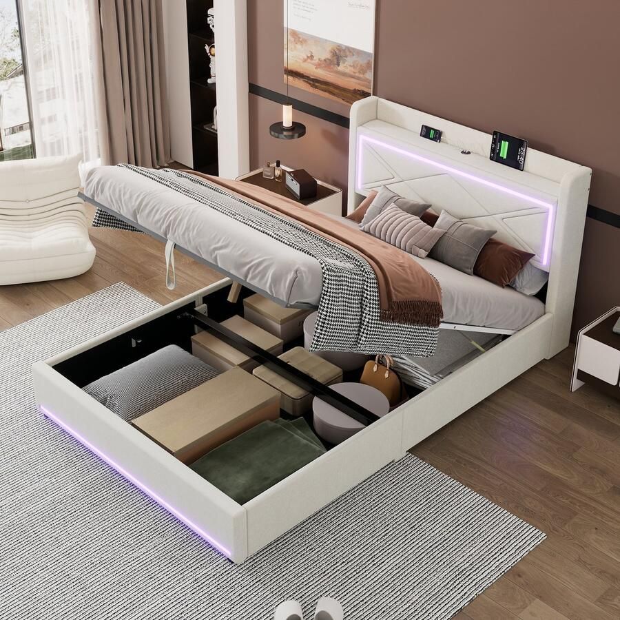 Sweiko 140*200cm Tweepersoonsbed Sfeervol licht aan het einde van het bed verstelbare app Bed kan omhoog en omlaag USB-poort aan het hoofdeinde van het bed Grote opbergruimte Beige