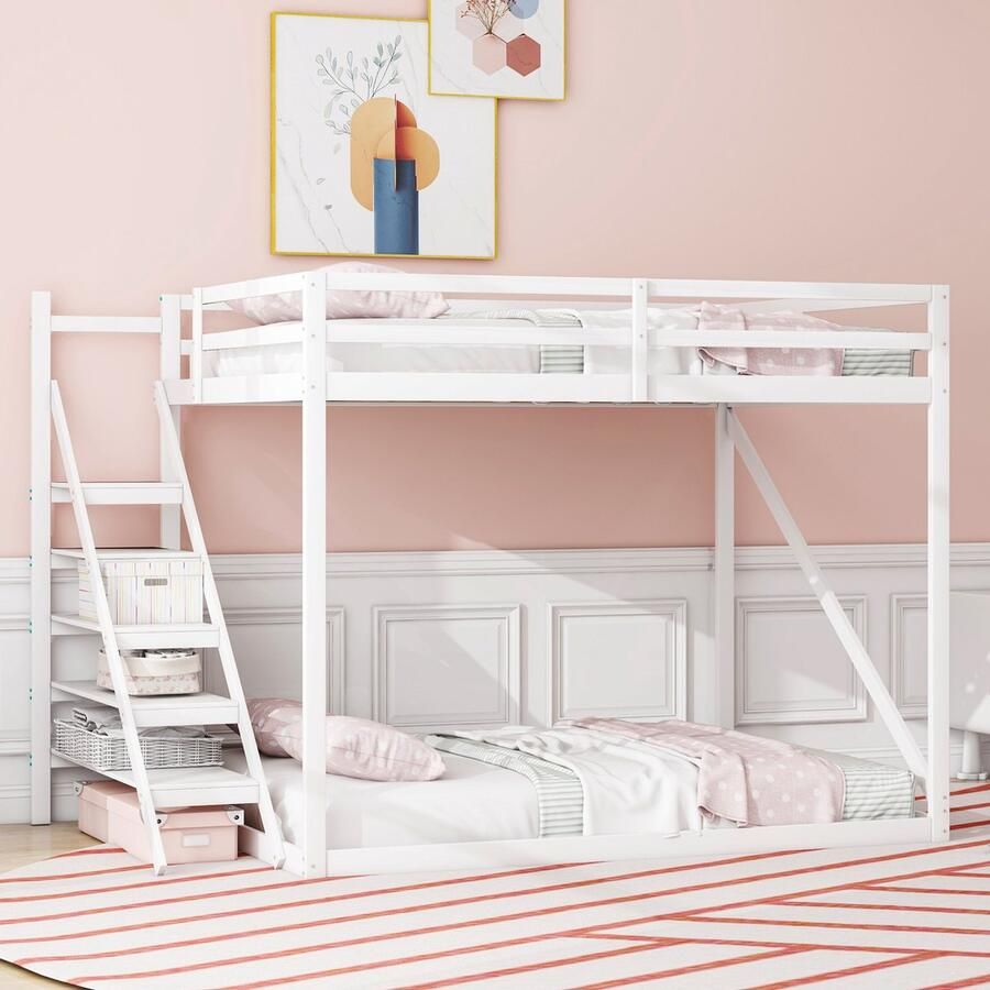 Sweiko 140x200 Verhoogd bed met Veiligheidsladder Massief houten tweepersoonsbed Vlak noedelsframe geschikt voor kinderen tieners en volwassenen Wit