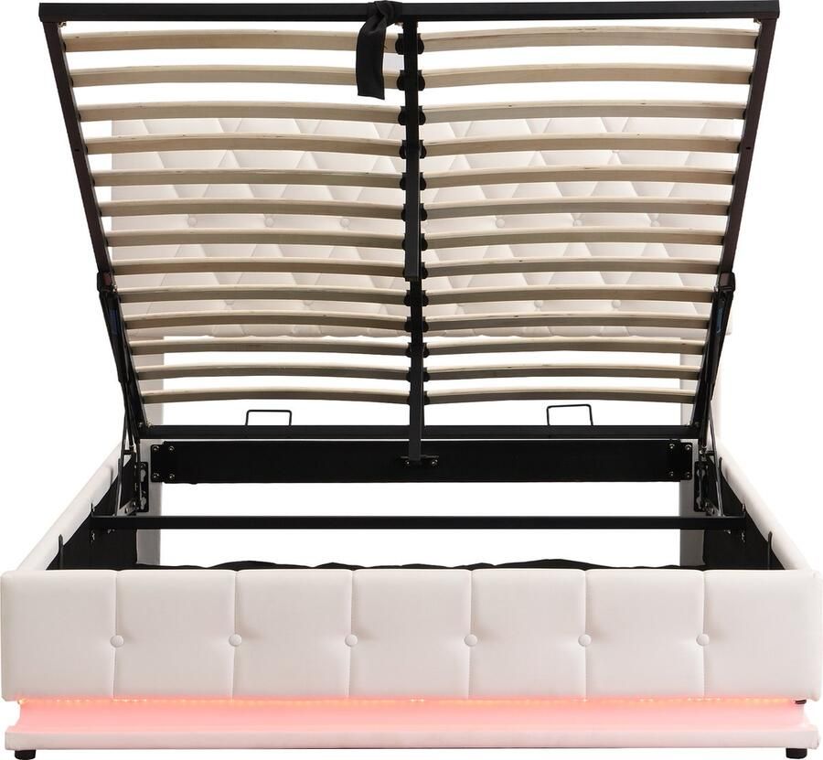 Sweiko 140x200cm Gestoffeerd bed met LED Verlichting Bergruimte van Hydraulisch liftbed bedbox Platte noedels frame cover kunstlederen tweepersoonsbed volwassen jeugdbed Wit (Zonder matras)