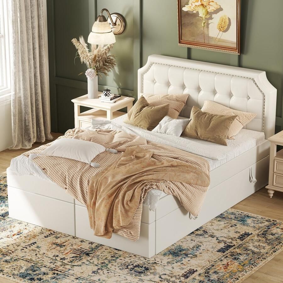 Sweiko 140x200cm Gestoffeerd bed Tweepersoonsbed met Metalen lattenbodem Grote opbergruimte aan beide zijden te openen Wit