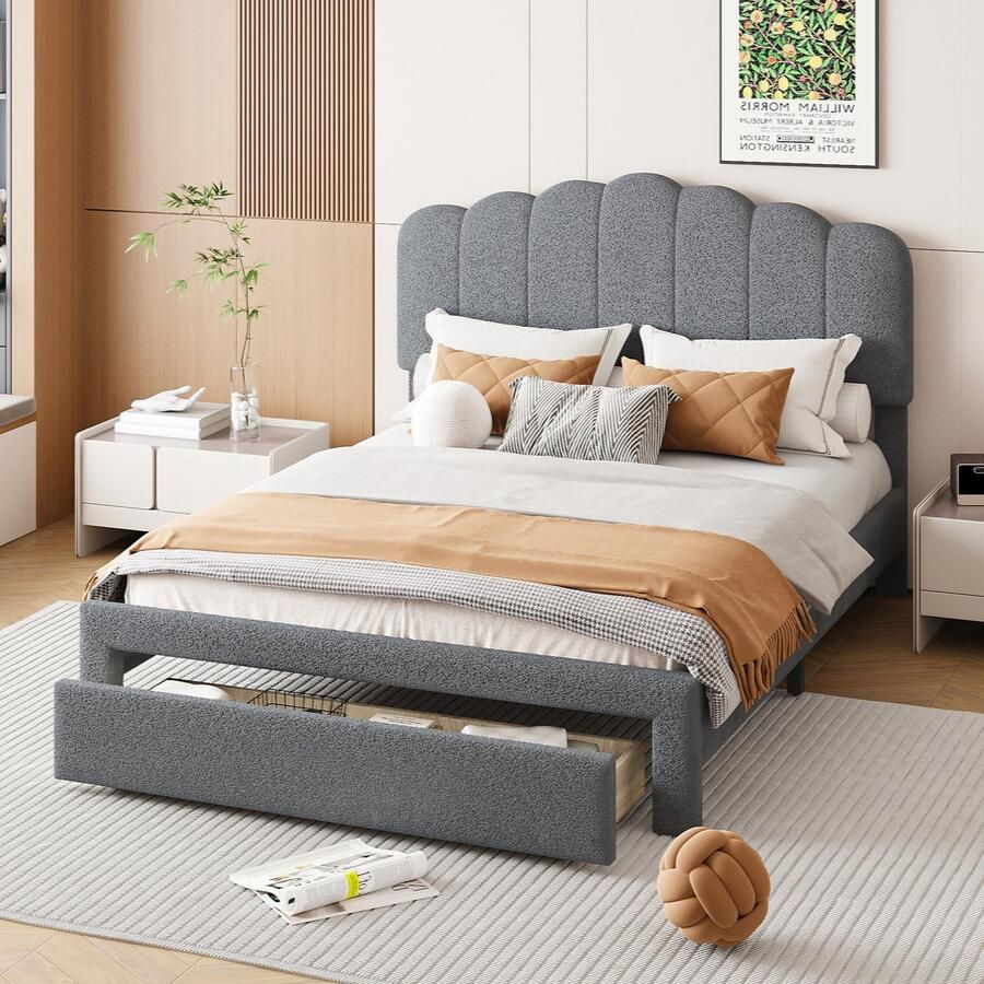 Sweiko 140x200cm Gewatteerd bed Tweepersoonsbed Kinderbed Huidvriendelijk Teddy stoffen bedframe met opbergvak Grijs (excl. matras)