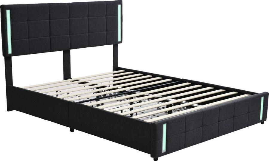Sweiko 140x200cm Kussen bed met LED Lamphouder 4 lades Linnen Kussen plat eenpersoonsbed geschikt voor huid kinderbed jeugdbed Grijs gastenkamerbed (zonder matras)
