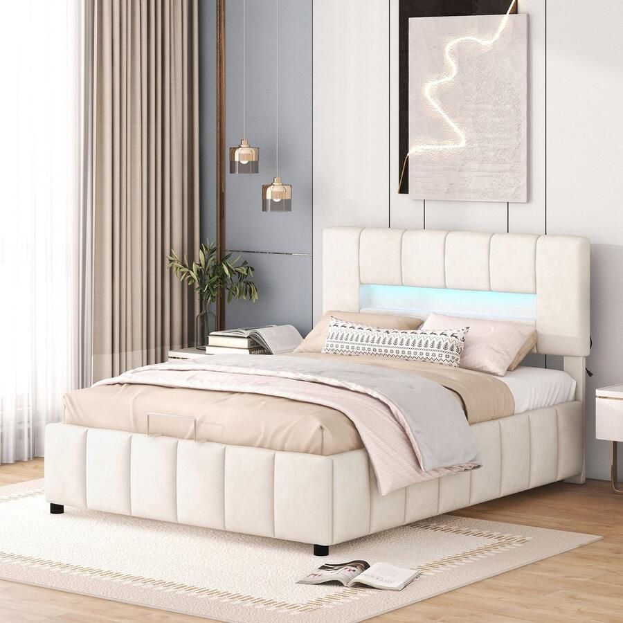 Sweiko 140x200cm Tweepersoonsbed Gestoffeerd bed Familiebed Platform bed met LED verlichting Modern bedframe met opbergruimte Beige