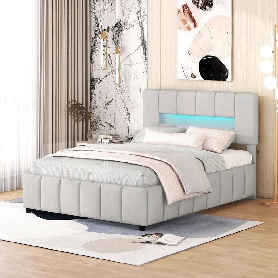Sweiko 140x200cm Tweepersoonsbed Gestoffeerd bed Familiebed Platform bed met LED verlichting Modern bedframe met opbergruimte Grijs