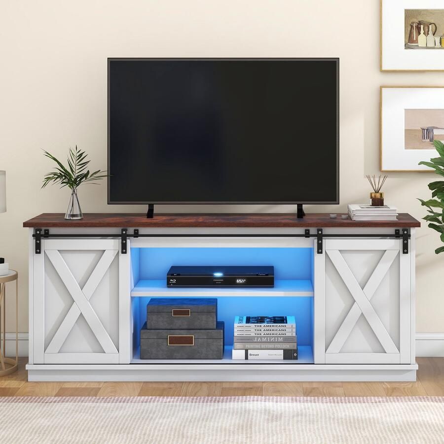 Sweiko 1.5 meter TV Kast met LEIDENE Verlichting Verstelbare verdeling opslagkast uitgerust met schuifdeuren ruime opslagruimte Witte kleur