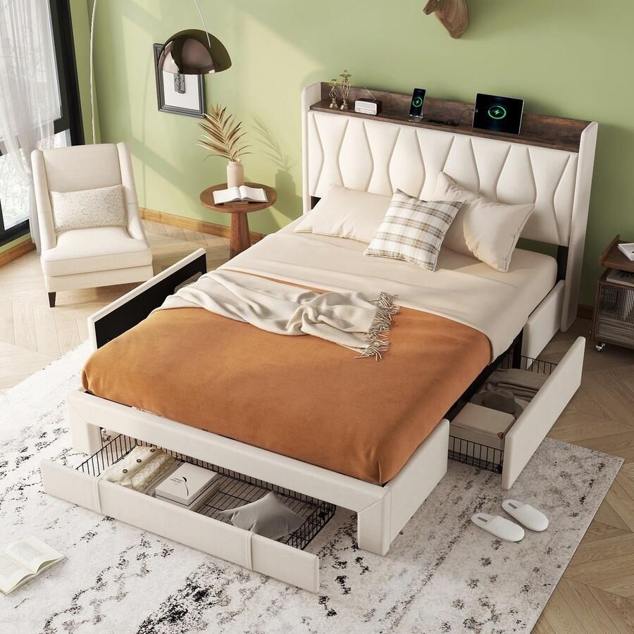 Sweiko 160 x 200cm Gestoffeerd bed Tweepersoonsbed Hoofdeinde USB Grote opbergruimte 3 lades Beige