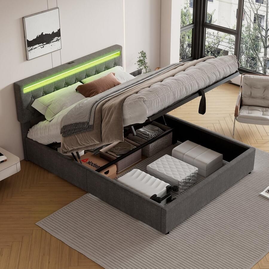 Sweiko 160*200 cm Tweepersoonsbed Plat bed Gestoffeerd bed Sfeerverlichting op het bed Afstandsbediening met 24 toetsen bed kan omhoog en omlaag USB- en C-aansluiting op het bed grote opbergruimte Grijs