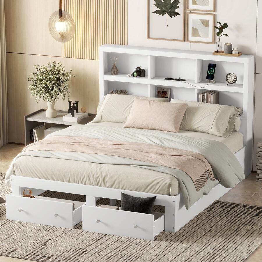 Sweiko 160*200cm Tweepersoonsbed Massief hout Plateau bed met 2 laden aan de voet van het bed hoofdeinde met Opbergruimte Wit