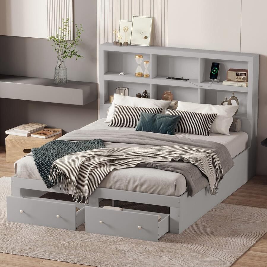 Sweiko 160*200cm Tweepersoonsbed Massief hout Plateau bed met 2 laden aan de voet van het bed hoofdeinde met Opbergruimte Grijs