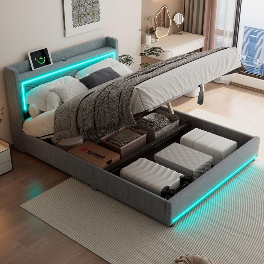 Sweiko 160*200cm Tweepersoonsbed Sfeervol licht aan het einde van het bed verstelbare app Bed kan omhoog en omlaag USB-poort aan het hoofdeinde van het bed Grote opbergruimte Grijs
