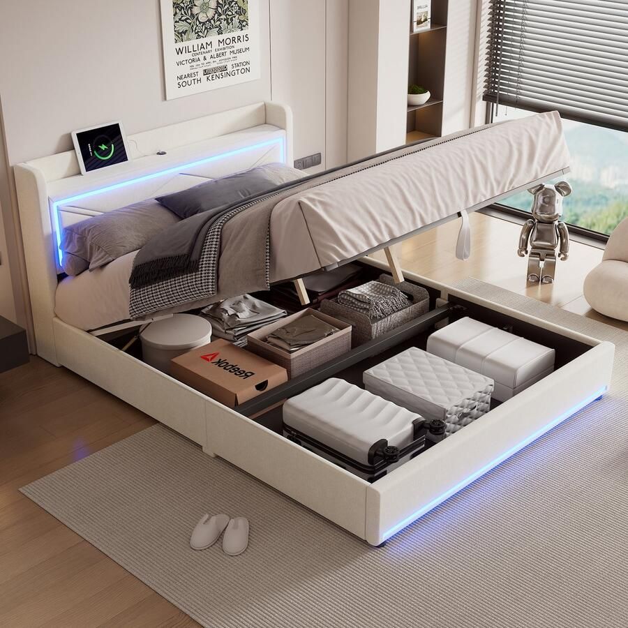 Sweiko 160*200cm Tweepersoonsbed Sfeervol licht aan het einde van het bed verstelbare app Bed kan omhoog en omlaag USB-poort aan het hoofdeinde van het bed Grote opbergruimte Beige