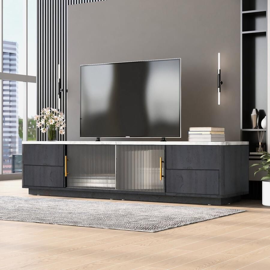 Sweiko 160cm Deluxe TV-standaard voor 70 TV kast stijlvol grijs marmeren tafelblad kabelbeheer lades met push-to-open functie