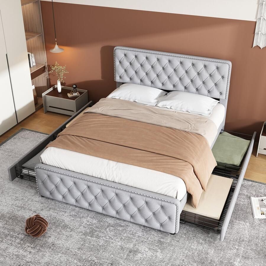 Sweiko 160x200cm Gestoffeerd bed Tweepersoonsbed met vier lades in hoogte verstelbaar hoofdeinde trekringen en klinknagels aan hoofd- en voetuiteinden houten Platte noedelslijst linnen Grijs (Geen matras)