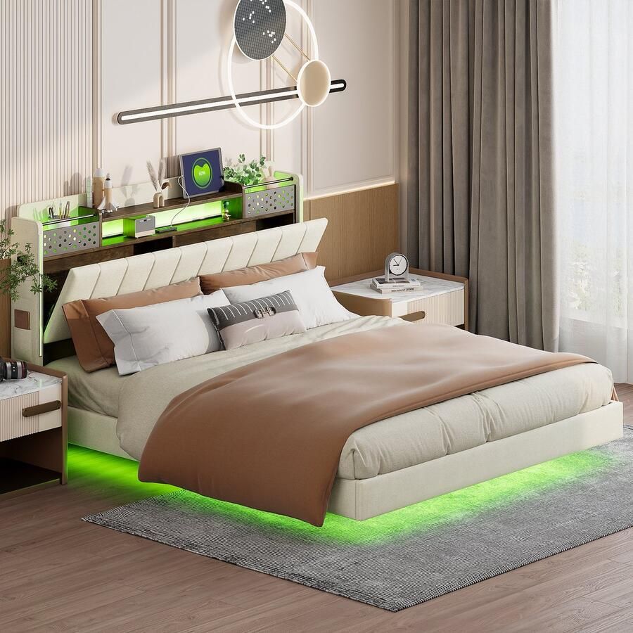 Sweiko 160x200cm Kussen bed met LED Verlichting en USB aansluiting Hoofdeinde met opbergruimte zwevend bed jeugdbed Volwassen bed beddengoed Beige (Geen matras)