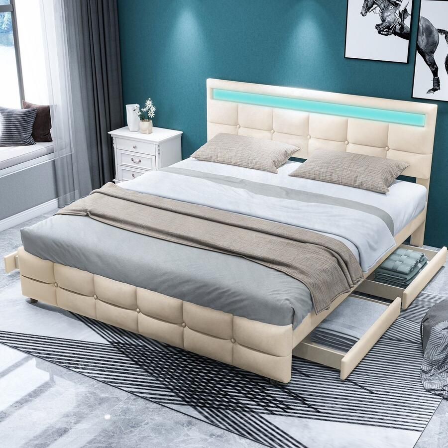Sweiko 180 x 200 cm Gestoffeerd bed Dubbel bed LED bedframe met 4 lades Vlak noedelsframe en rugleuning huidvriendelijk fluwelen tweepersoonsbed voor volwassenen en tieners Beige
