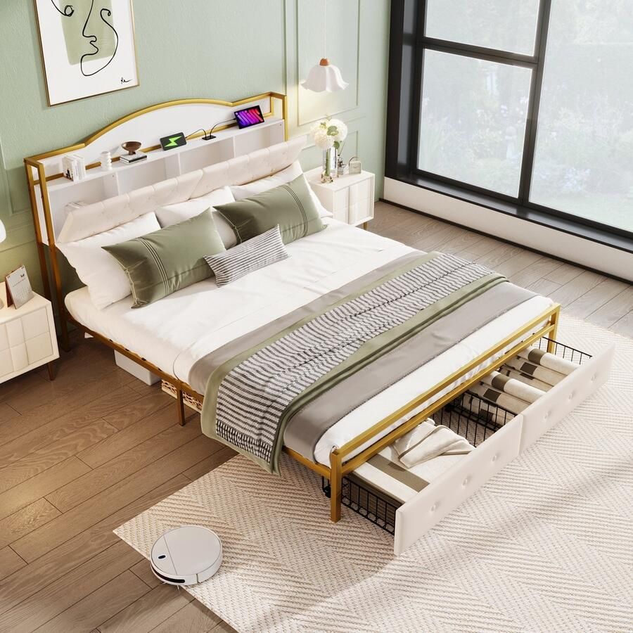 Sweiko 180*200cm Plat bed Tweepersoonsbed met Ijzeren frame Ingebouwd Opbergvak in het hoofdeinde USB-aansluiting 2-laden aan het uiteinde van het bed Goud