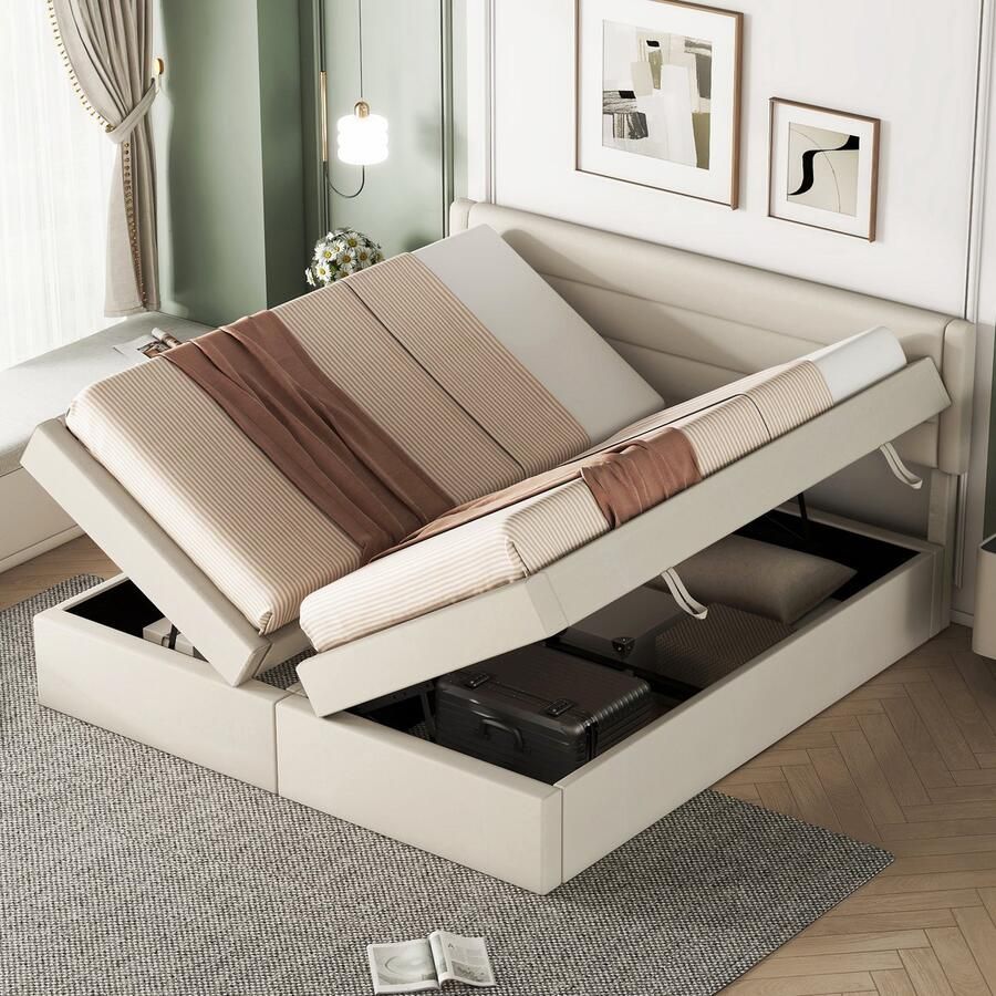 Sweiko 180*200cm Tweepersoonsbed Gestoffeerd bed kan omhoog en omlaag Grote opbergruimte Beige