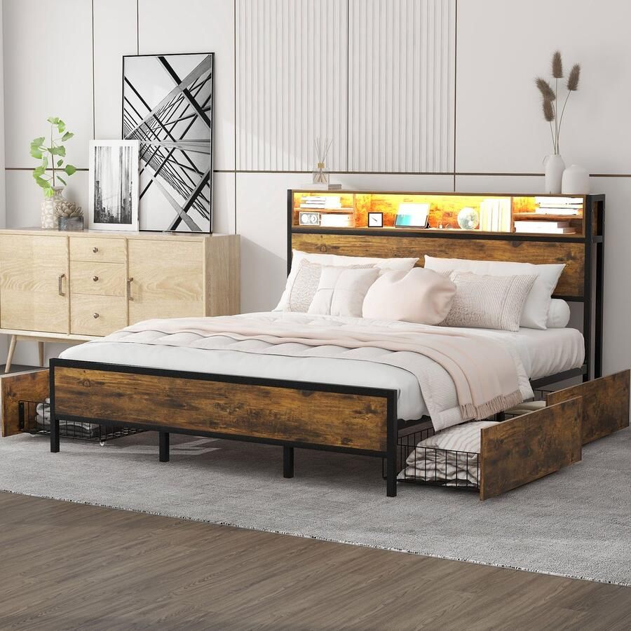 Sweiko 180*200cm Tweepersoonsbed met lattenbodem en hoofdeinde LED bed met USB-oplaadaansluiting Junior bed met 4 laden voor volwassenen en junioren Opbergfunctie Metaal Bruin