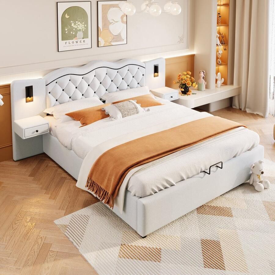 Sweiko 180*200cm Tweepersoonskamer Plat bed Gestoffeerd bed Geïntegreerd hoofdbord Hydraulisch hefmechanisme USB-aansluiting 2 bedlampjes Grote opbergruimte Beige