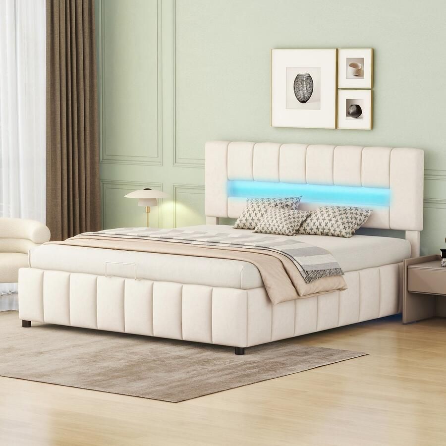 Sweiko 180x200cm Tweepersoonsbed Gestoffeerd bed Familiebed Platform bed met LED verlichting Modern bedframe met opbergruimte Beige