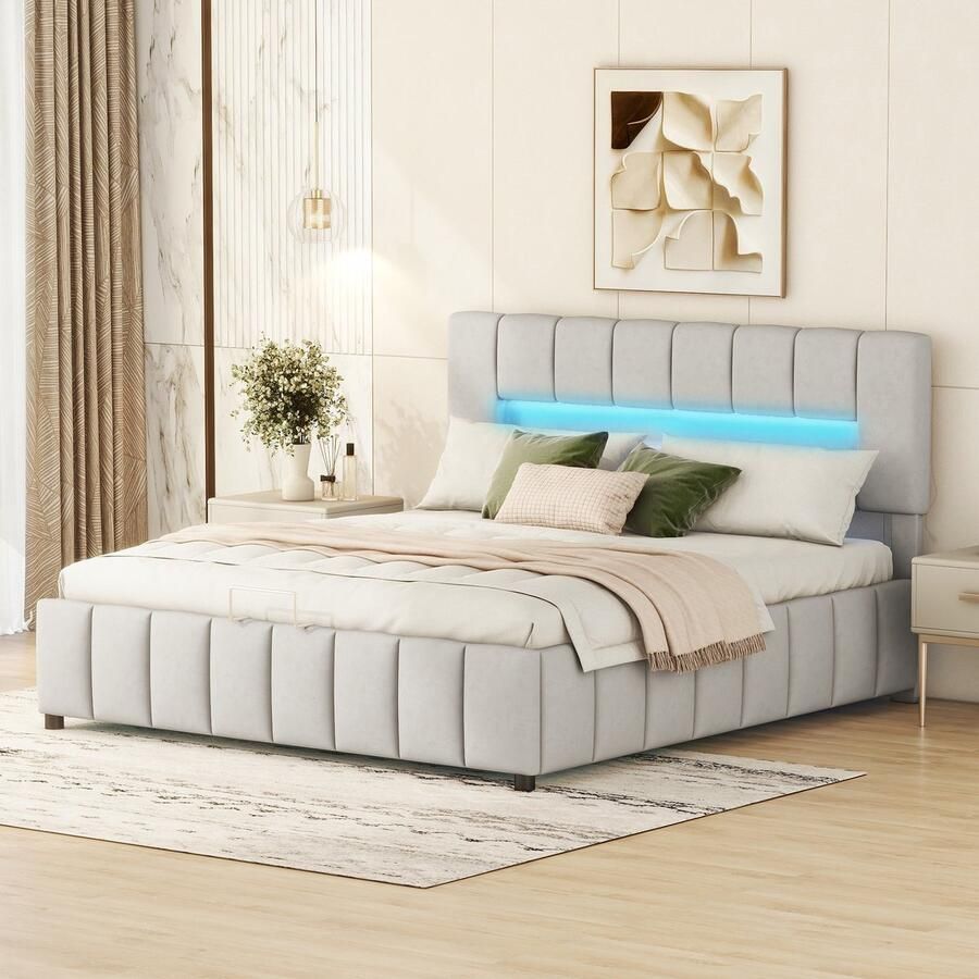 Sweiko 180x200cm Tweepersoonsbed Gestoffeerd bed Familiebed Platform bed met LED verlichting Modern bedframe met opbergruimte Grijs