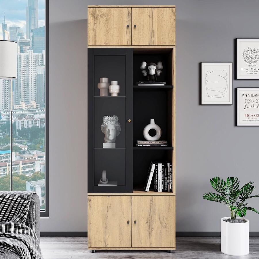 Sweiko 185 cm hoge imitatiehouten vitrine kast stand vitrines staand met zwarte scharnierdeuren bovenste 2-deurkasten onderste 2-deurkasten en tussen 6-compartimenten veelzijdige opbergruimte voor uw huis