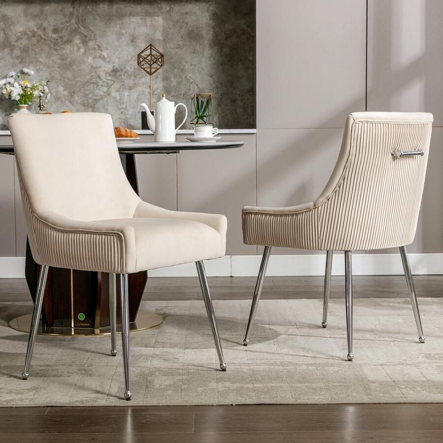Sweiko 2-delige Eetkamerstoel met verticale strepen gestoffeerde fauteuil Metalen beenstoel met metalen handvat Slaapkamer woonkamer stoel Beige