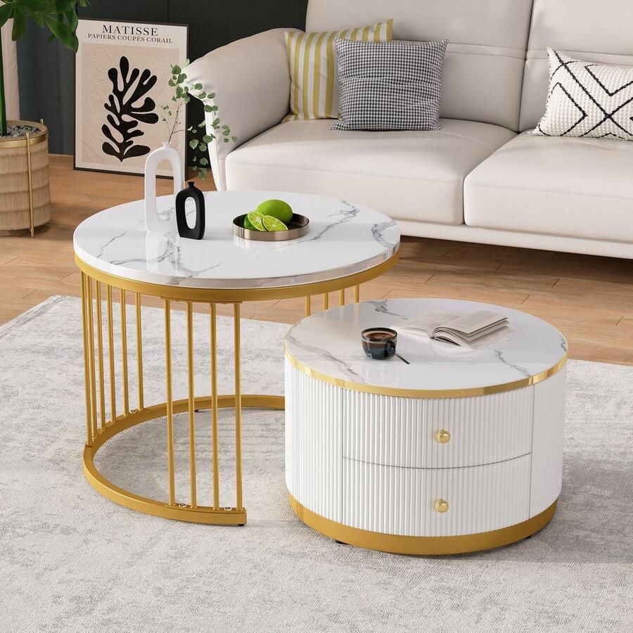 Sweiko 2-delige salontafelset 60*60*45.5 cm + 50*50*32 cm buitenkant hoogglans marmer 2 laden max. belasting 30 kg combinatie salontafel wit + goud