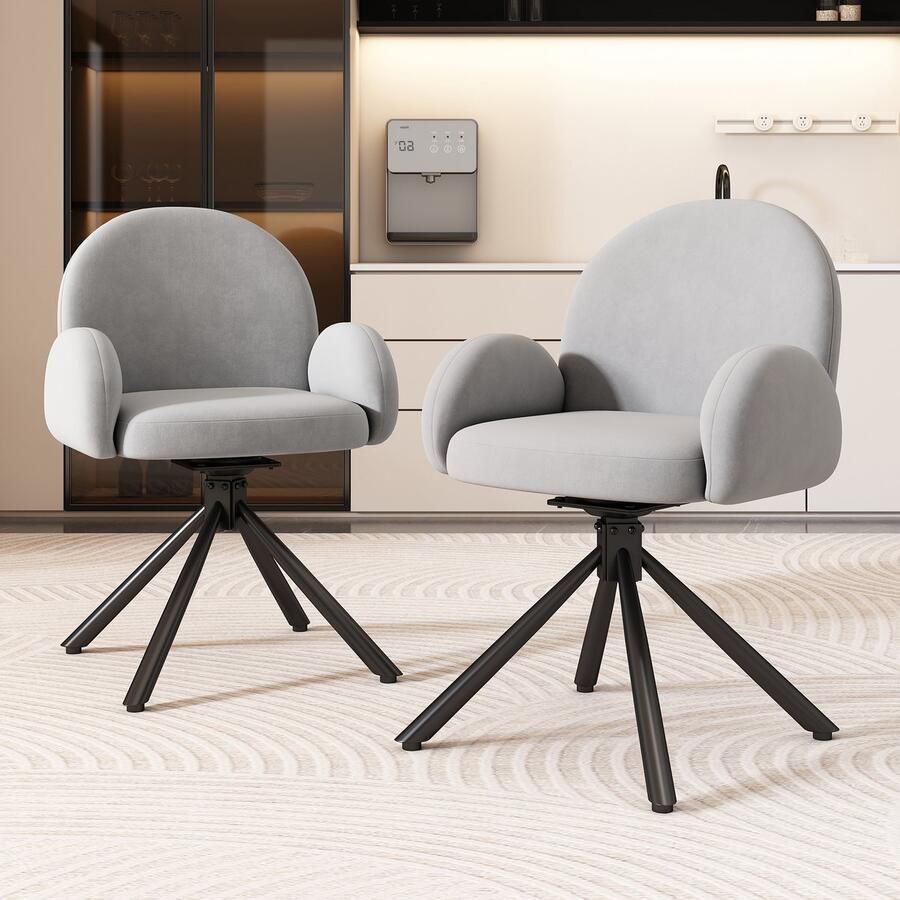 Sweiko 2-delige Set 360° Draaibare Eetkamerstoel Fluweel met Armleuningen Modern en eenvoudig Fauteuil Grijs