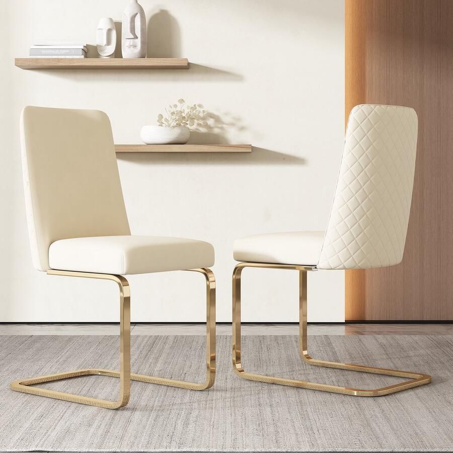 Sweiko 2-delige set fluwelen eetkamerstoelen luxe woon- en slaapkamerstoelen diamantvormig rugleuningontwerp gouden metalen steunpoten beige