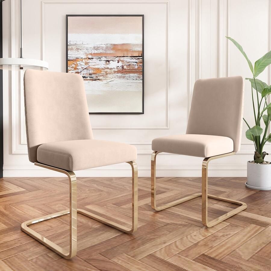 Sweiko 2-delige set fluwelen eetkamerstoelen luxe woon- en slaapkamerstoelen diamantvormig rugleuningontwerp gouden metalen steunpoten beige - Foto 3