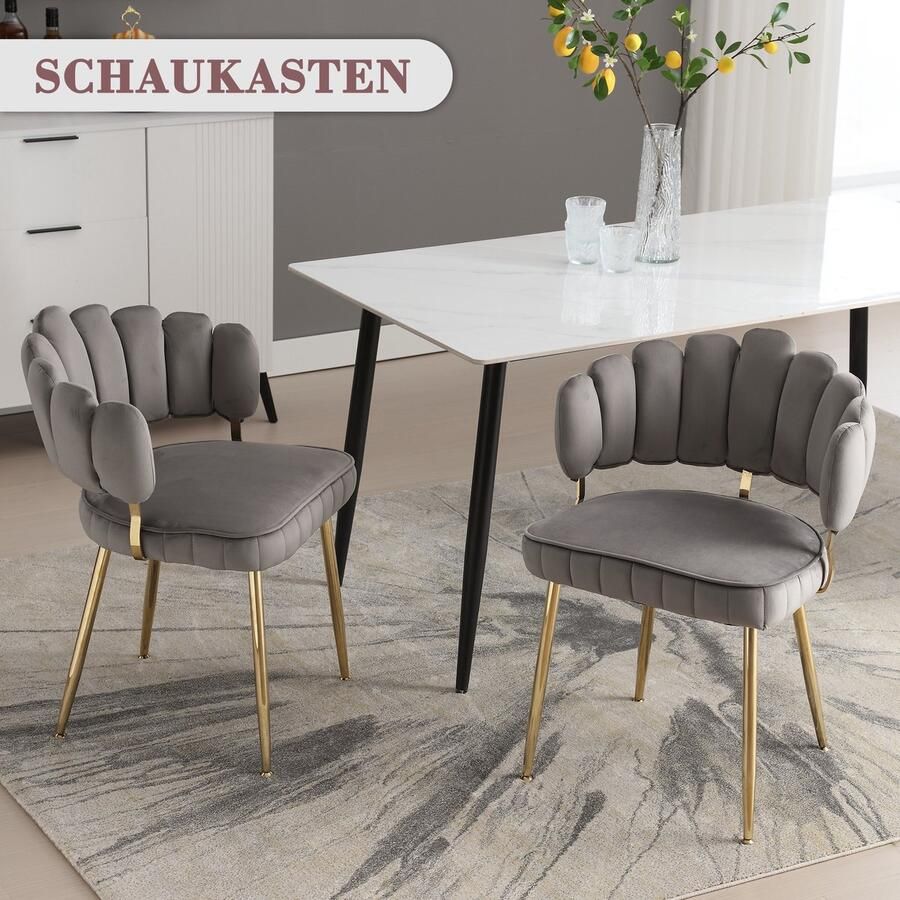 Sweiko 2-delige set Fluwelen Eetkamerstoelen Zachte en comfortabele woonkamer stoelen kleedkamer slaapkamer moderne vingerrugleuningen met armleuningen holle kleedstoelen Grijs