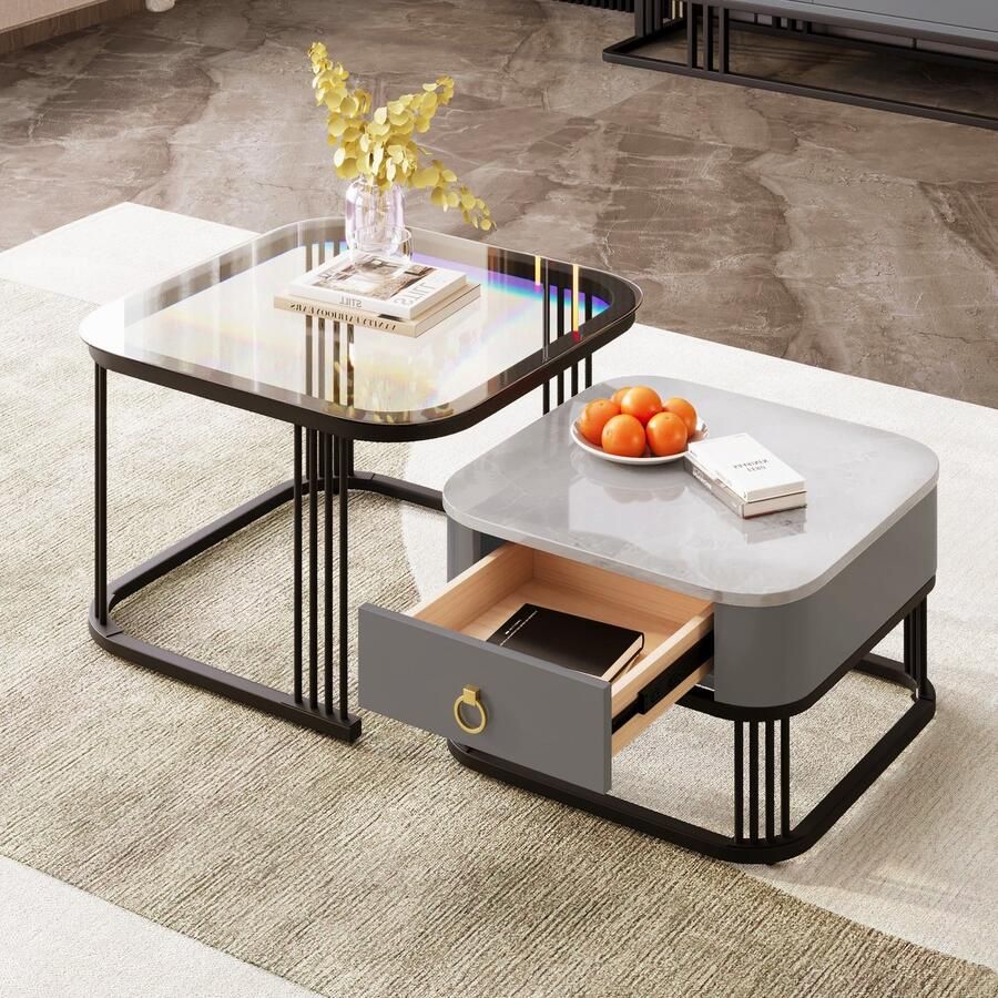 Sweiko 2-delige Set Salontafel Hoogglans marmer look en glazen blad zwarte poten Bijzettafel met lades