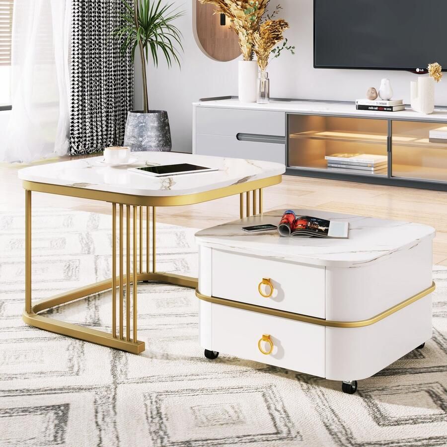 Sweiko 2-delige Set Salontafel Hoogglans wit marmer look Gouden accenten Bijzettafel met 2-lades Een beweegbare salontafel met wielen