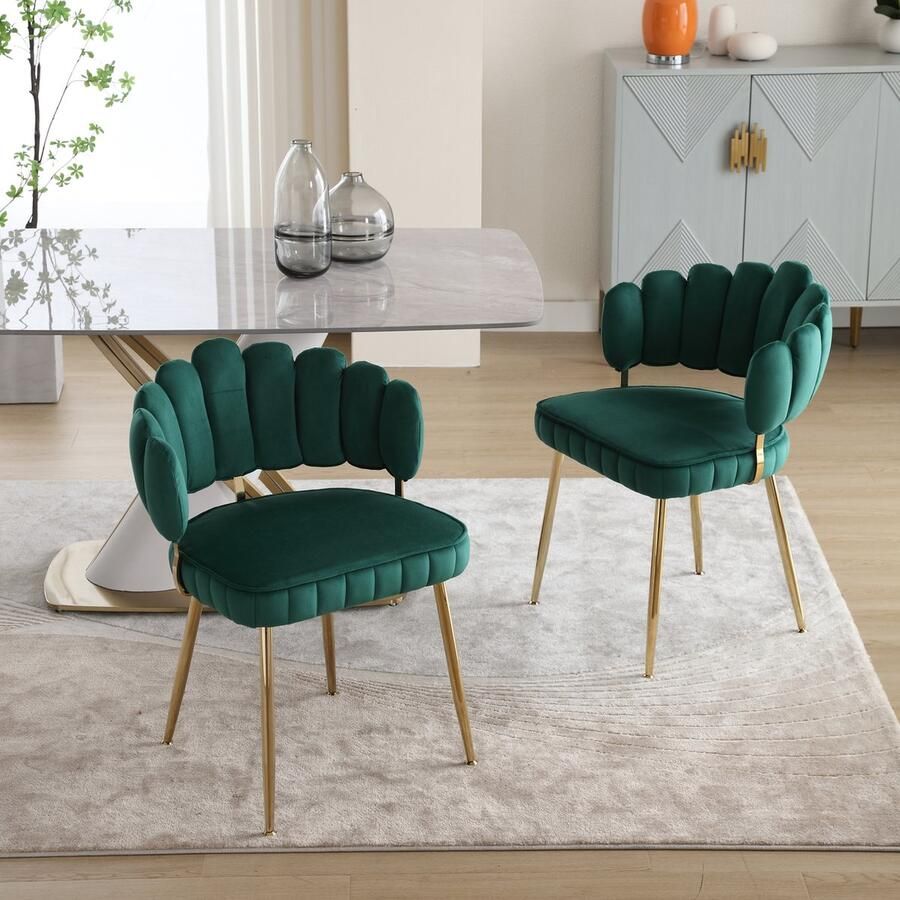 Sweiko 2-delige set Zachte Fluwelen Eetkamerstoelen Zachte kussens comfortabele woonkamer stoelen kleedkamer slaapkamer moderne vingerrugleuningen met armleuningen holle kleedstoelen Smaragd