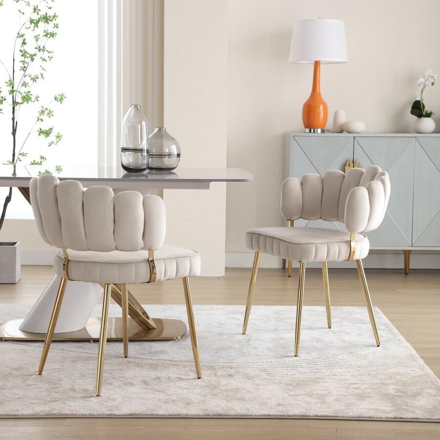 Sweiko 2-delige set Zachte Fluwelen Eetkamerstoelen Zachte kussens comfortabele woonkamer stoelen kleedkamer slaapkamer moderne vingerrugleuningen met armleuningen holle kleedstoelen Ivoorwit