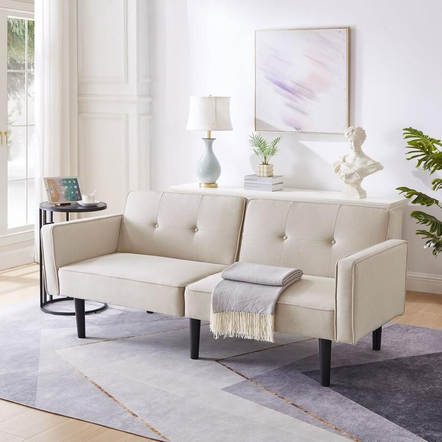Sweiko 2 zits Bank 2 in 1 Slaapbank Verstelbare rugleuning Met slaapfunctie Katoen en linnen stof Hoge dichtheid schuim Beige